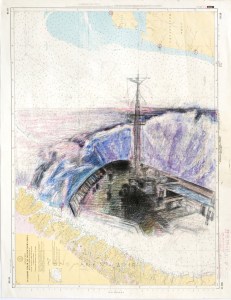 Александр Пономарёв. ВОЛНА. 2018, морская карта, смеш. тех. 101х78см. Courtesy Крокин галерея.